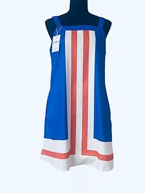 FASHION ~ Royal Blue Shift Colorblock A-Line Dress with Orange and White Stripes